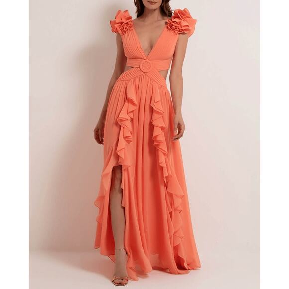 PATBO ORANGE FLUTTER SLEEVE RUFFLE MAXI PARTY DRESS size 2 / 34 - Picture 1 of 16